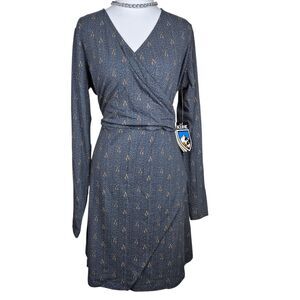 NWT Kuhl Anya Nightfall Faux Wrap Crossover Dress L Blue Gold Long Sleeve 4295